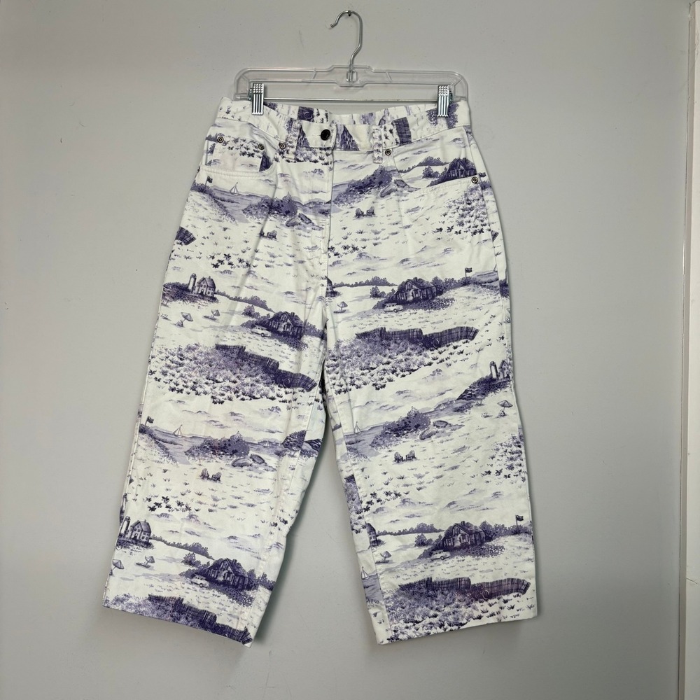 LL Bean Women 12 Petite White Purple Toile Coastal Print Crop Pants 100% Cotton‎